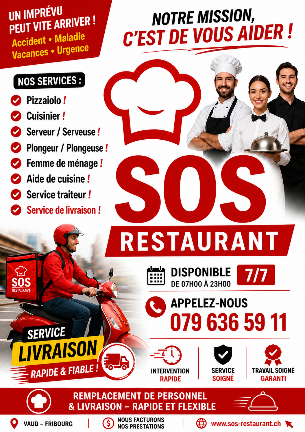 SOS Restaurant - Flyer promotionnel présentant les services de remplacement, de mise en relation et de livraison